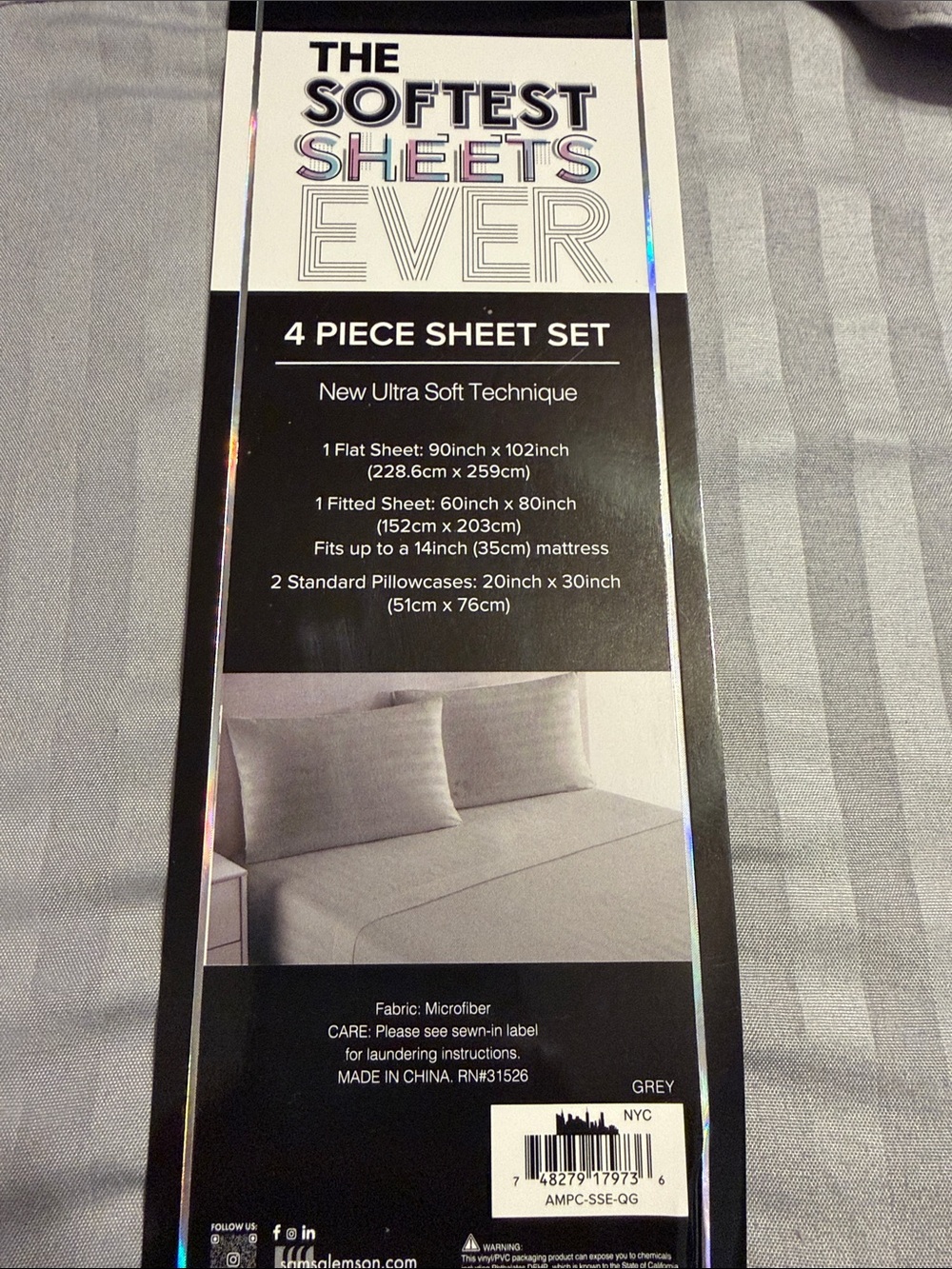 Amy Miller Home Presidential Collection Queen Sheet Set - Gray Stripe - Picture 2 of 2